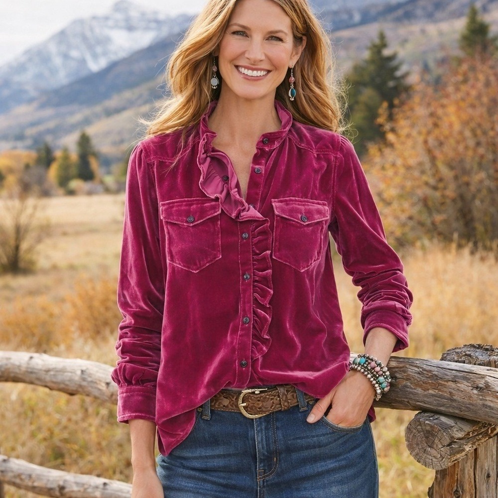 Sundance‎ NWT Gretel Magenta Silk Blend Velvet Ruffle Snap Front Shirt- Size XS